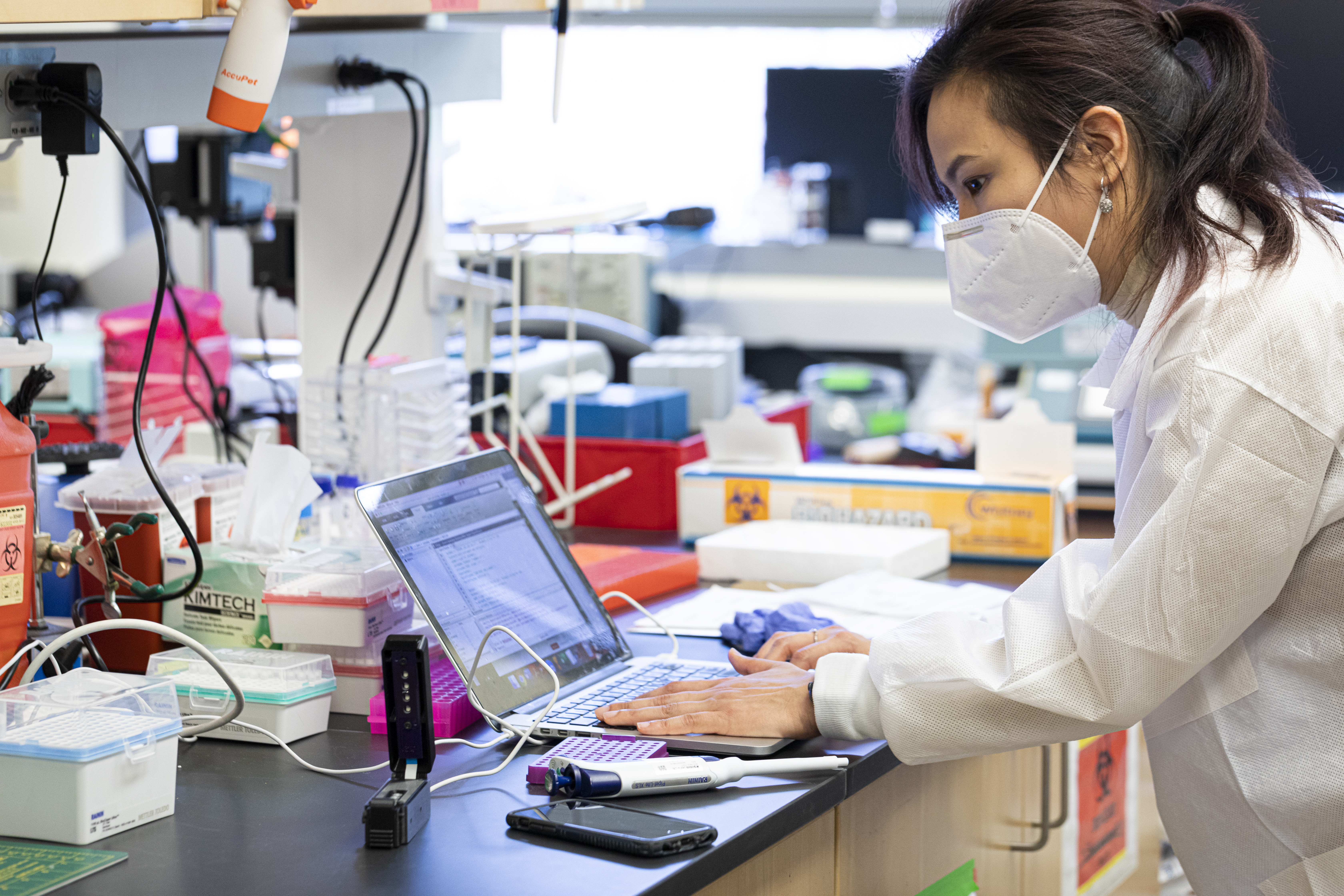 Black-haired, masked, female scientist in white lab coat looking at data on a laptop while in a biomedical lab