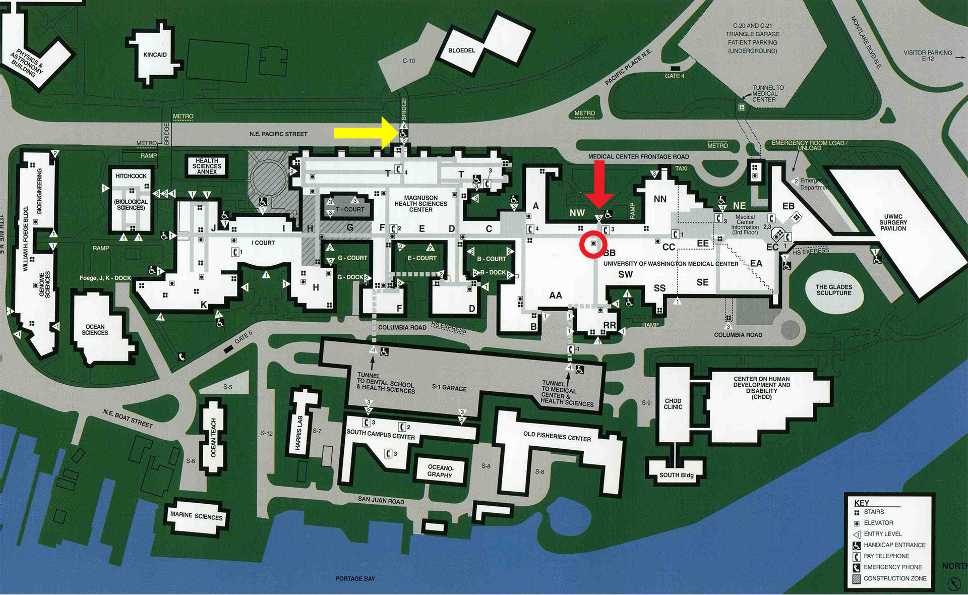 Map showing routes to reach the NW Plaza entrance and the BB elevators in the Magnuson Health Sciences Center and UW Medical Center – Montlake.
