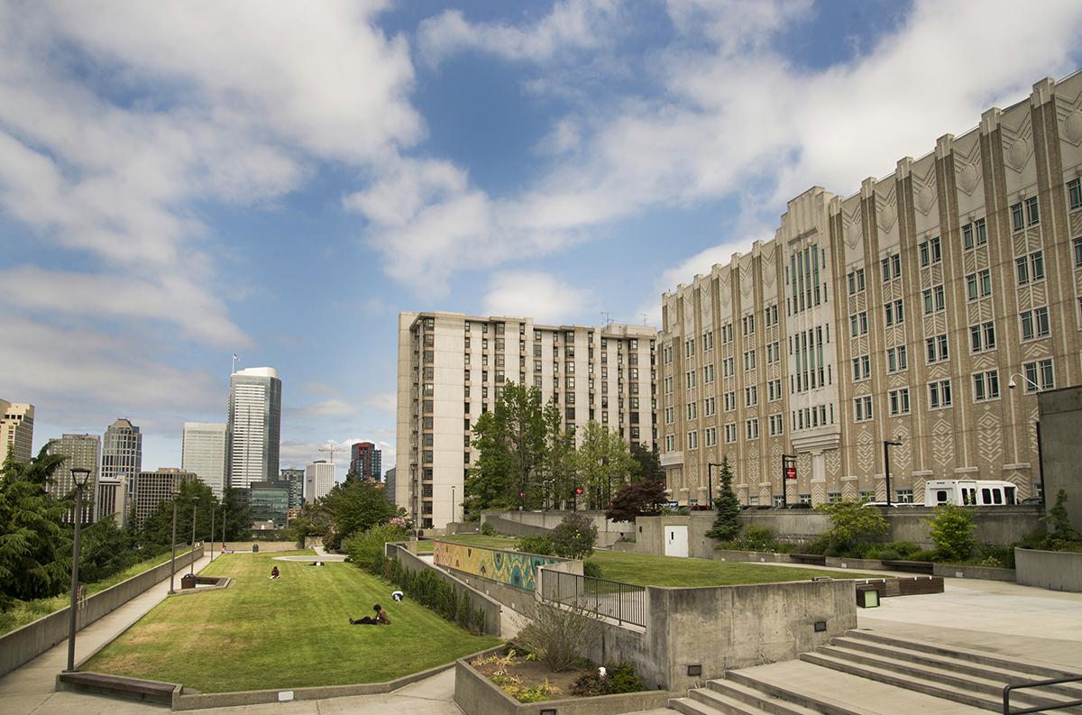 The park area behind HMC on a sunny day.