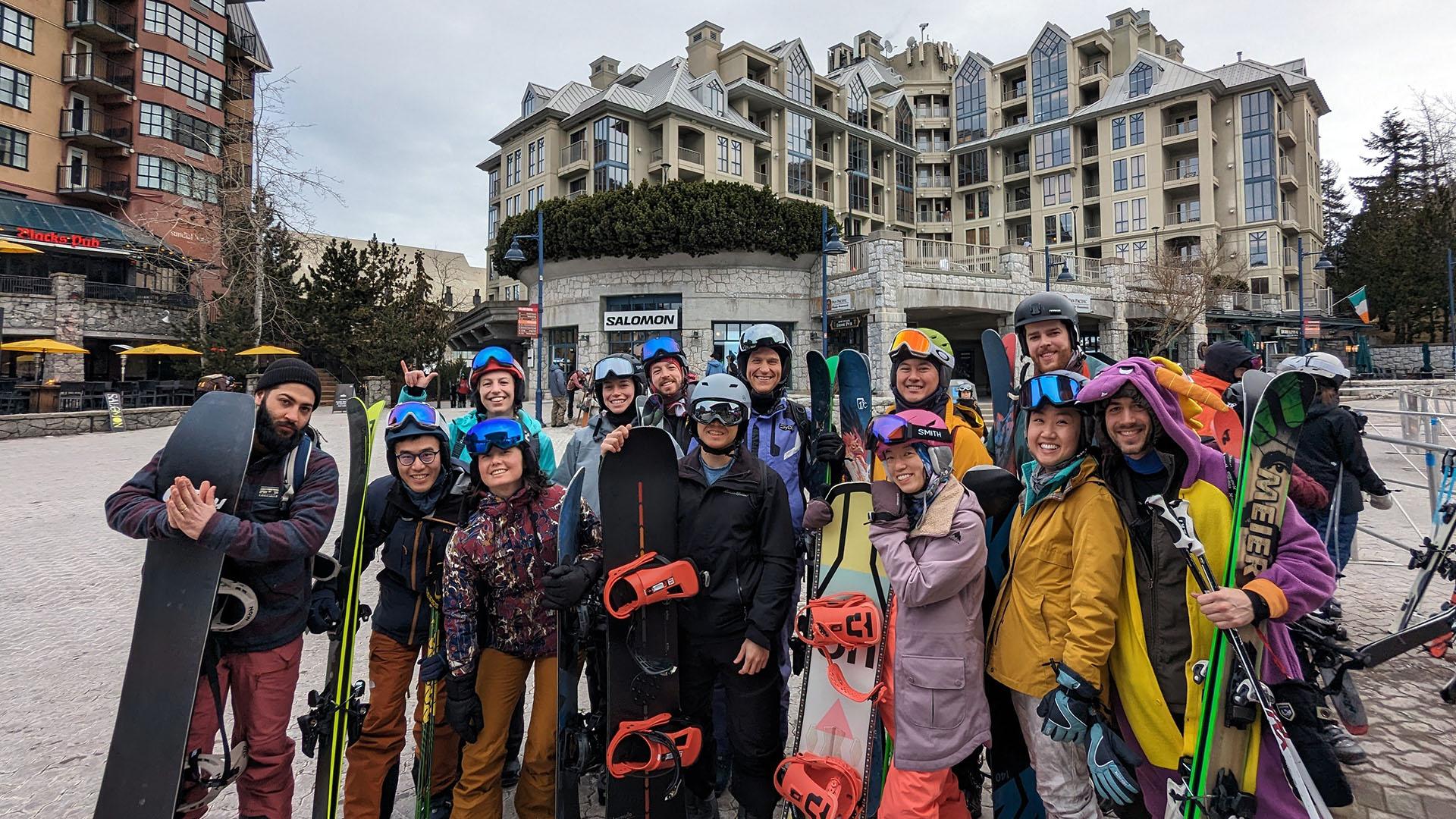 Residents in ski gear pose in Whistler BC on their annual ski trip. 