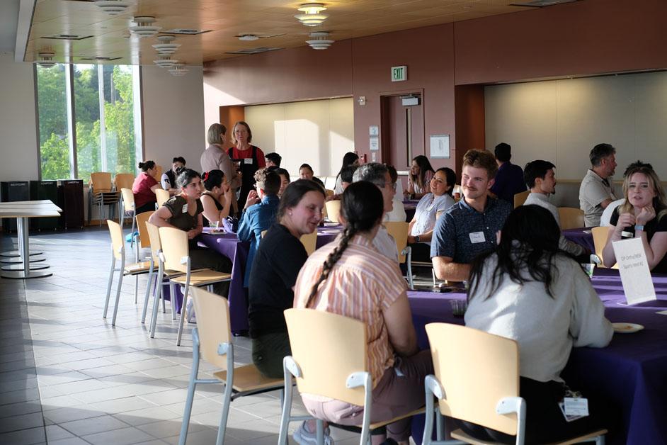 People sitting at tables and talking. 