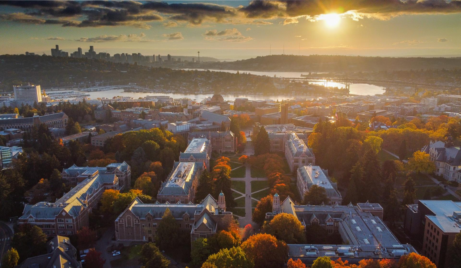 Aerial droneshot of UW campus with Downtown Seattle in background