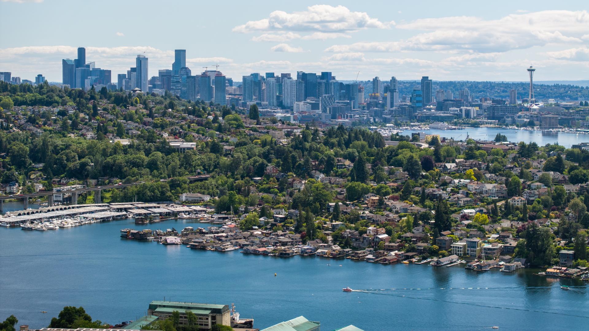 A view of the Seattle skyline looking out over Lake Union. 
