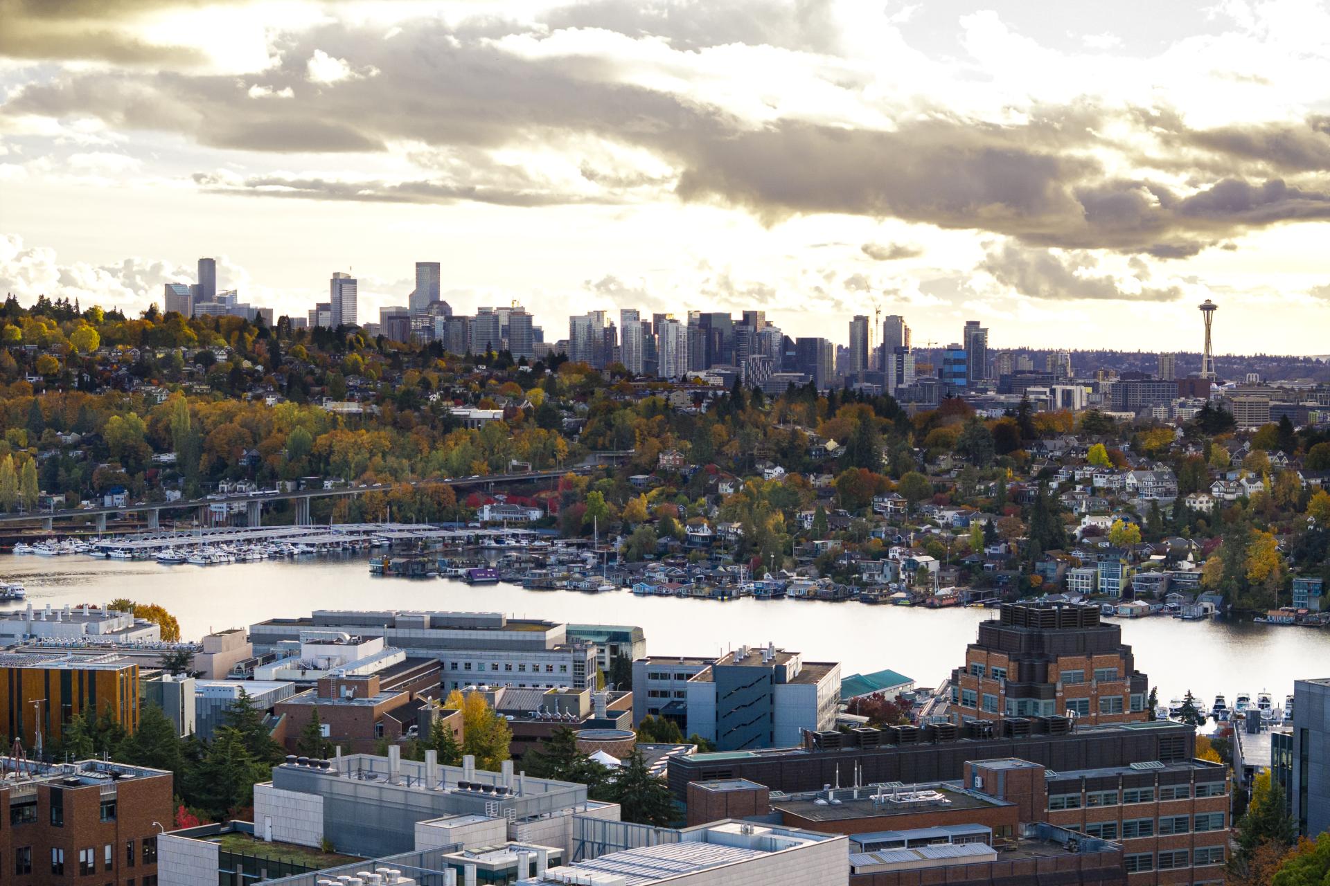 An ariel shot of UW campus and downtown Seattle in fall. 