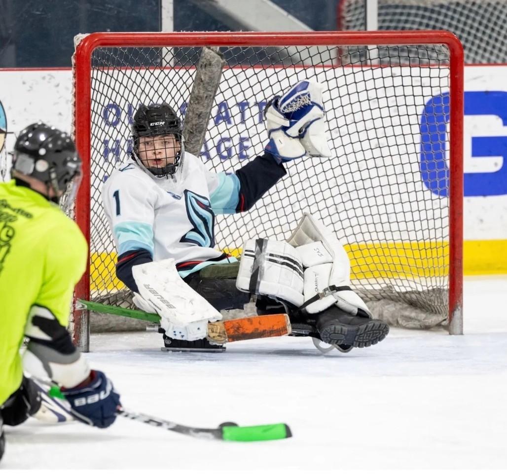 A sled hockey goalie prepares to catch the puck. 