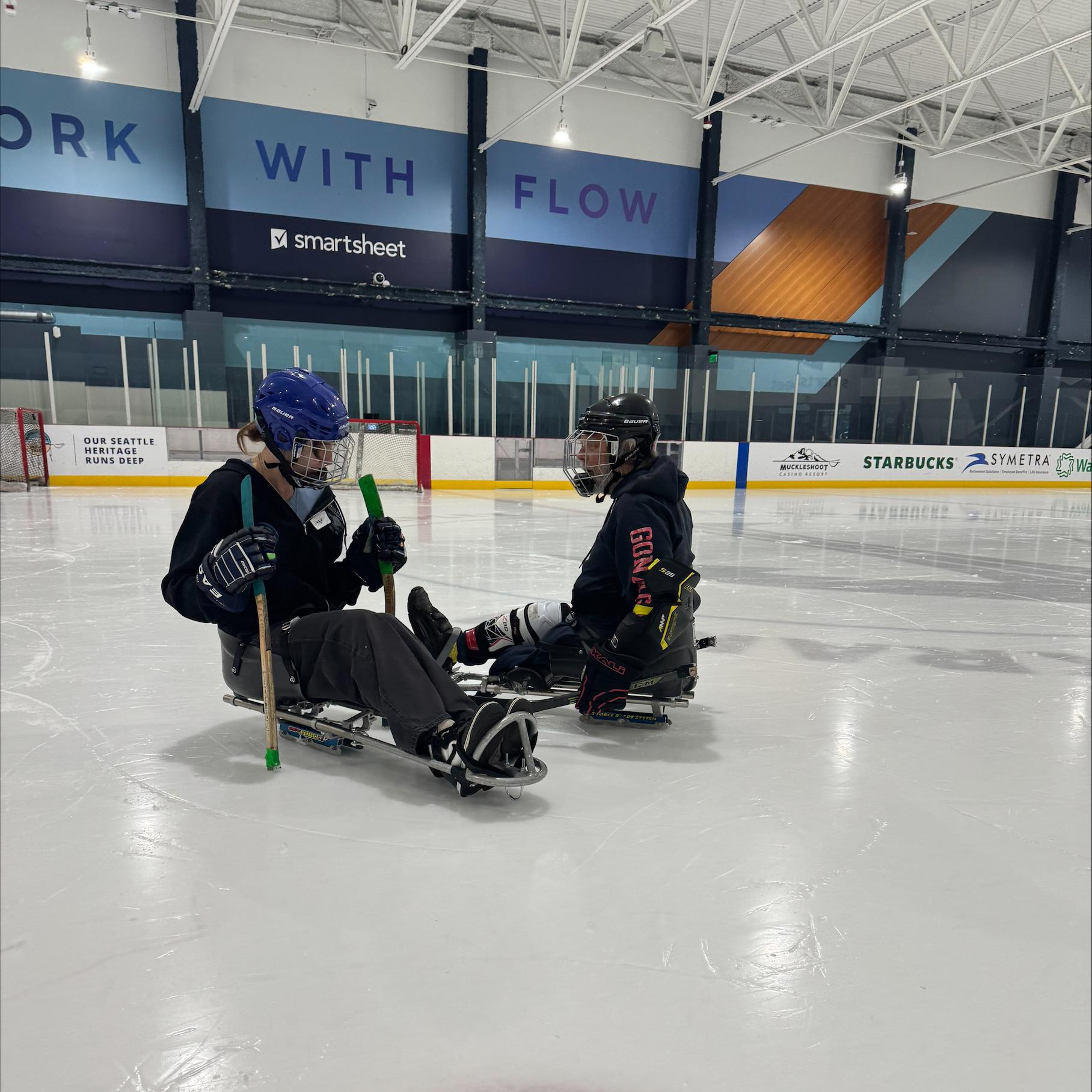Two sled hockey athletes on the ice.