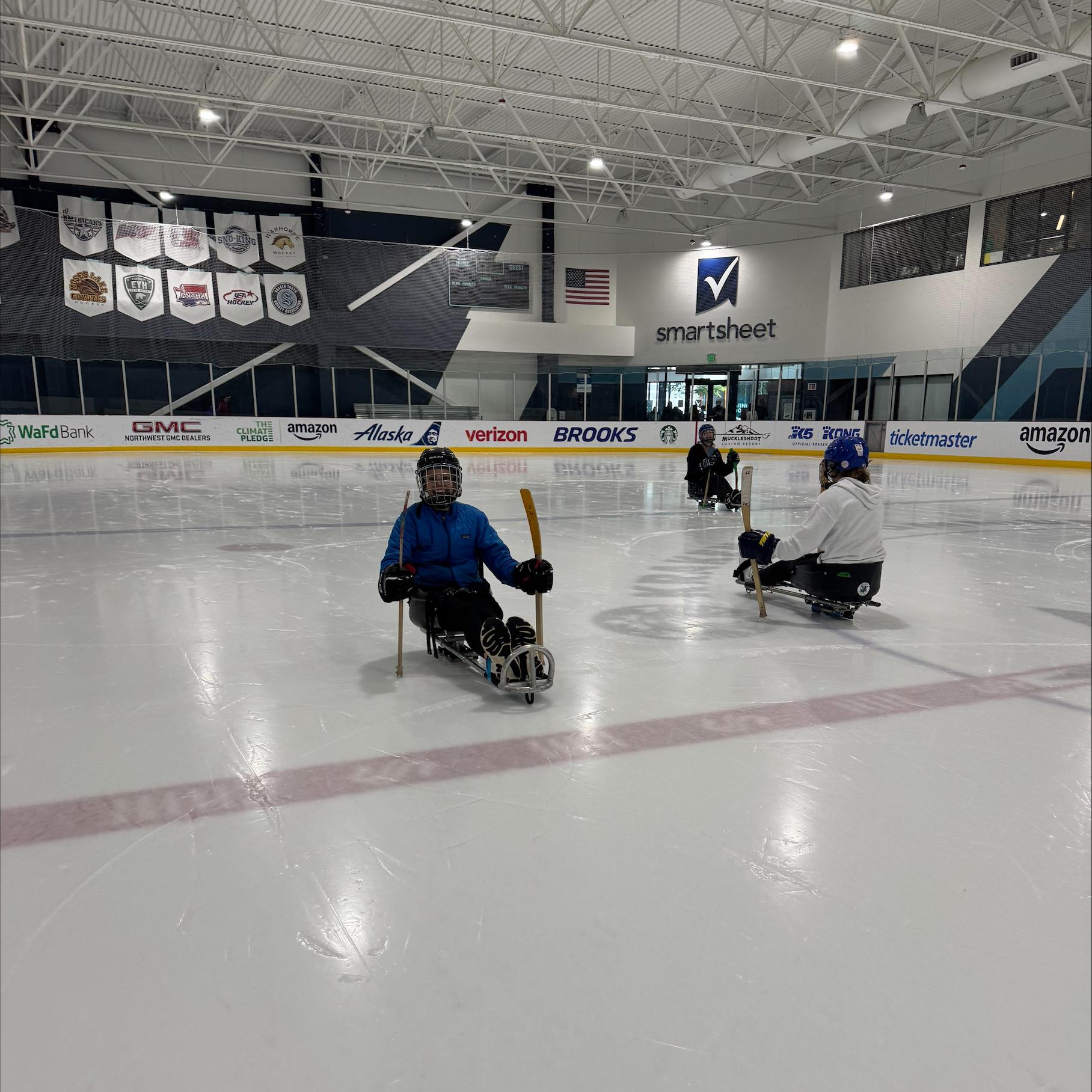 Sled hockey athletes on the ice.